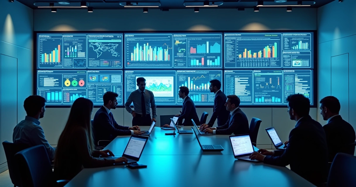 Analistas avaliando dados em painéis digitais