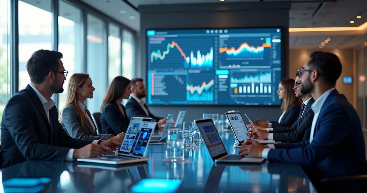 Equipe analisando gráficos em tela com ambiente moderno 