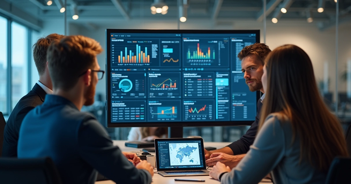 Equipe reunida em torno de tela grande com gráficos de campanhas online 