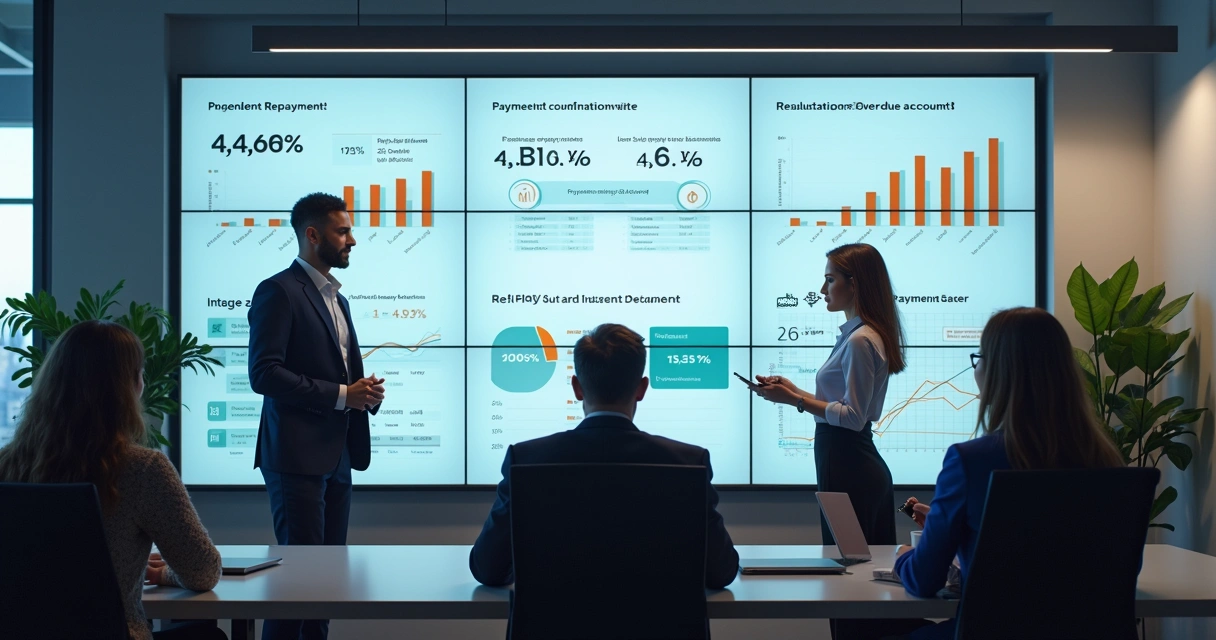 Equipe analisando dados de cobrança em telão digital 