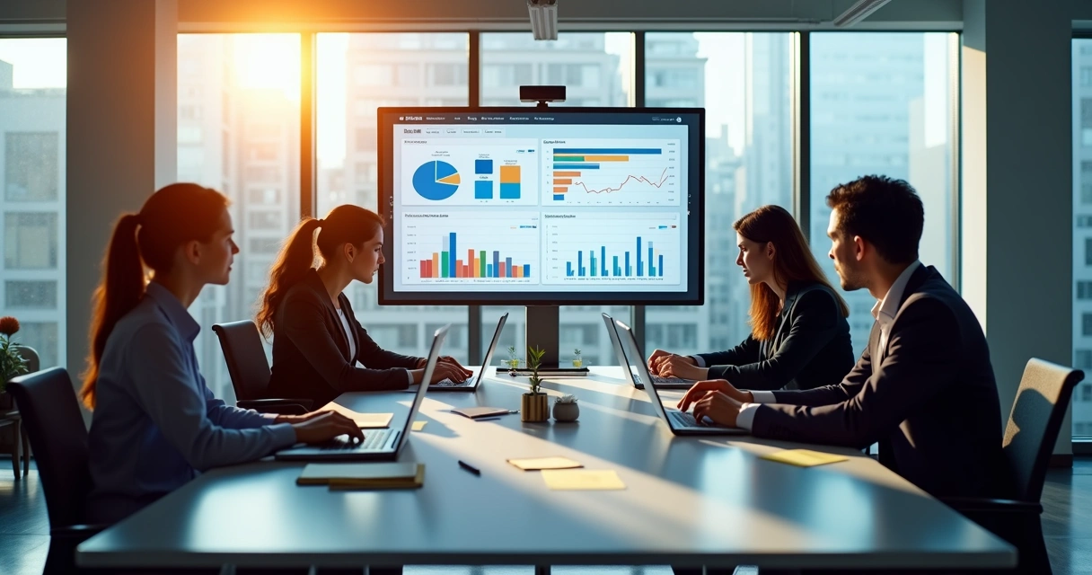 Equipe de vendas e analistas analisando dados em dashboards 