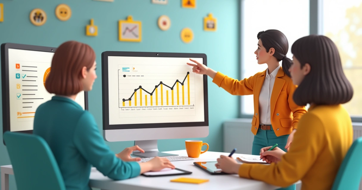 Equipe analisando dados empresariais em telas grandes