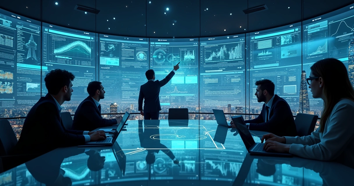 Equipe de negócios analisando painel de dados com inteligência artificial em grande tela 