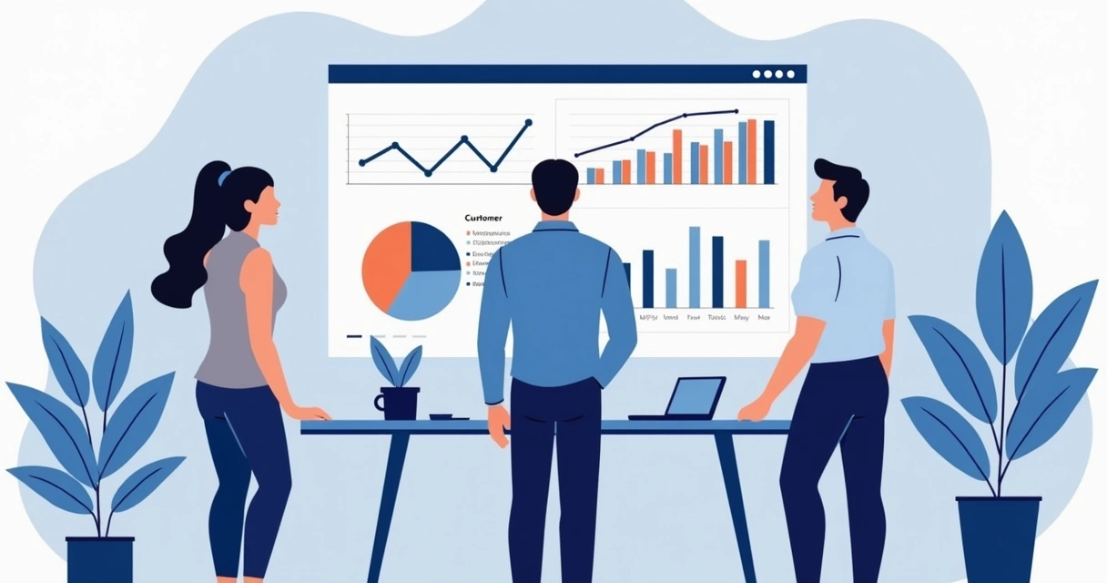 Equipe analisando dados de clientes em monitor