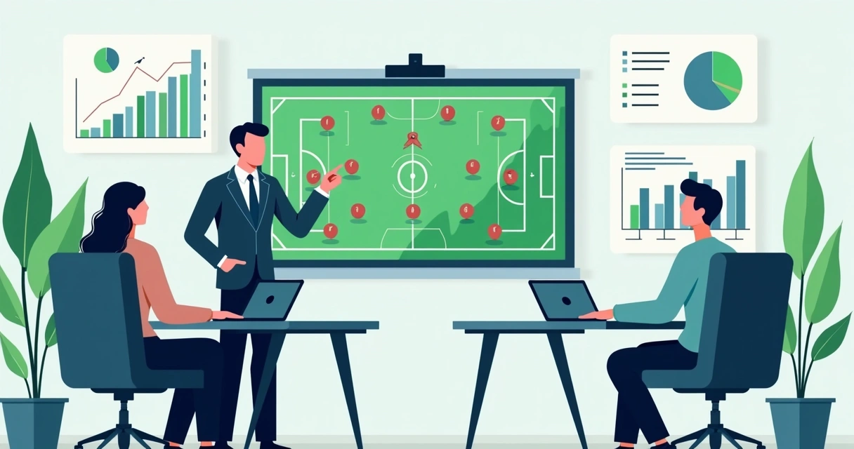 Equipe revisando dados de futebol em reunião com gráficos 