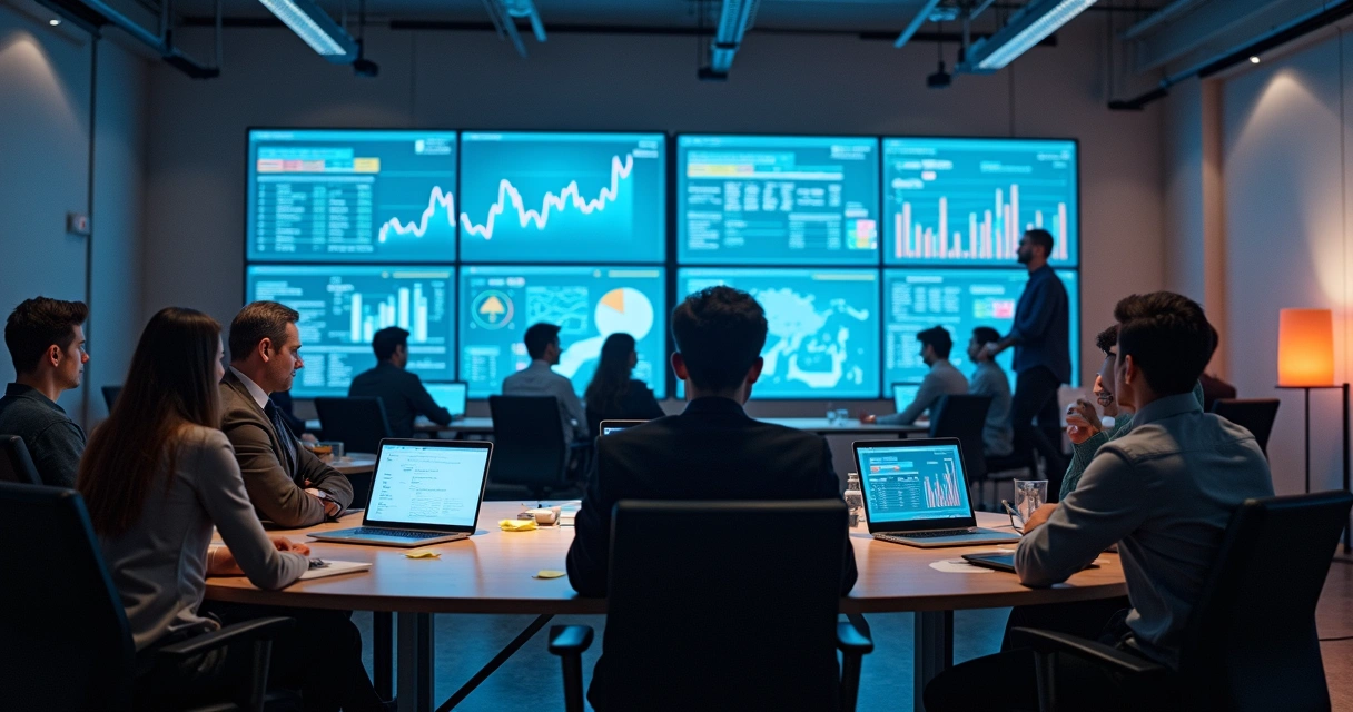 Profissionais analisando dados em telas digitais