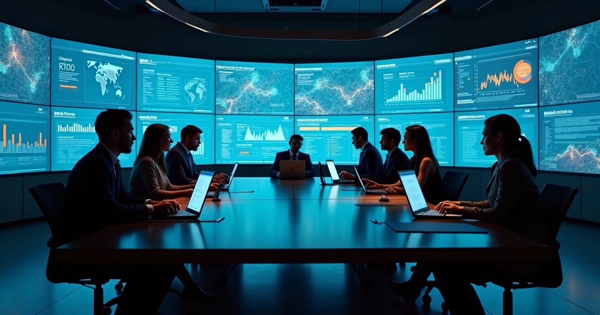 Equipe de negócios analisando painel de dados com elementos de inteligência artificial 