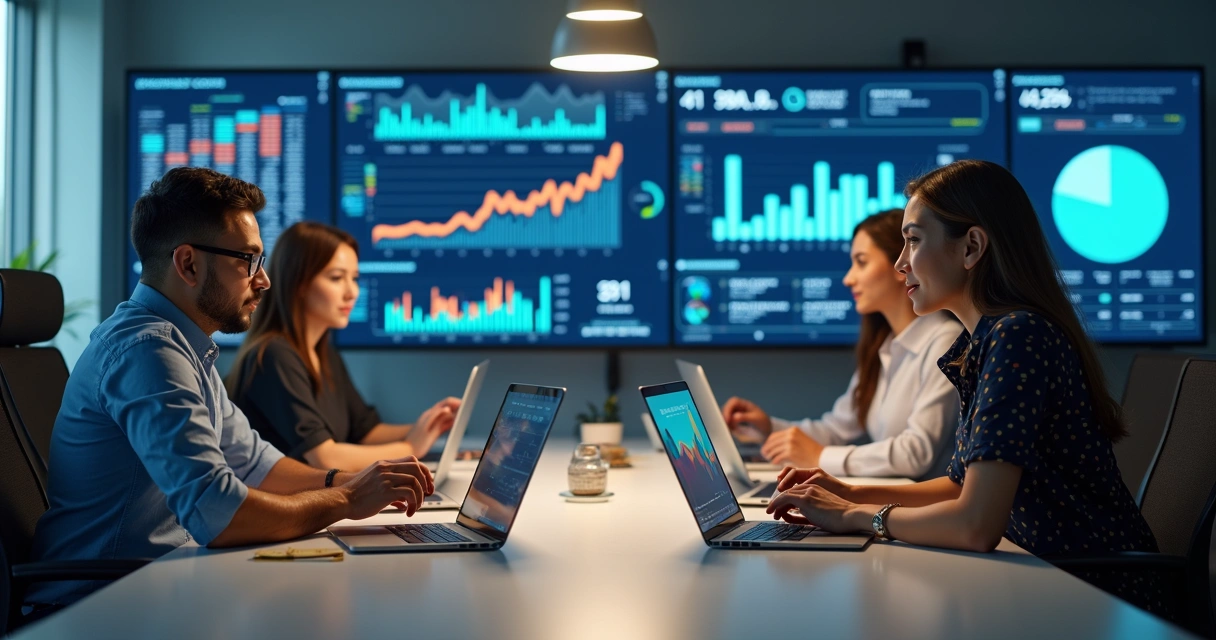 Profissionais de marketing analisando dados em telas de computador 