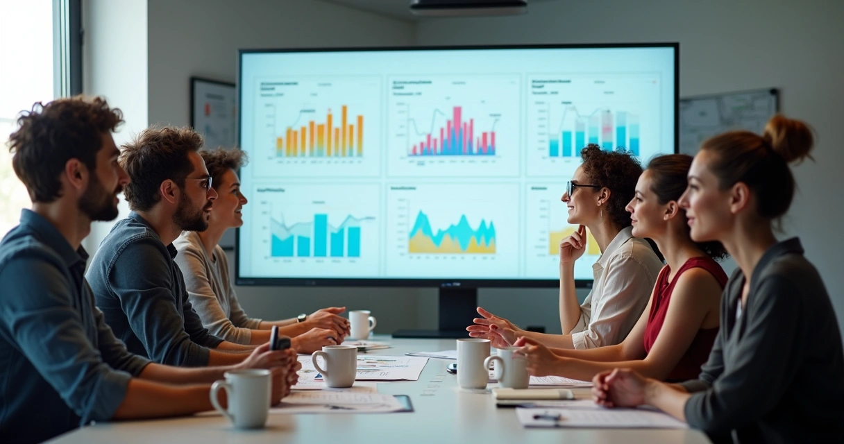 Equipe de marketing analisando dados em telas digitais 