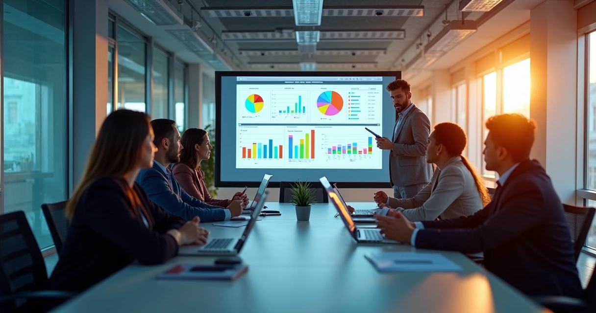 Equipe de gestão reunida em sala de reunião analisando gráficos em uma tela