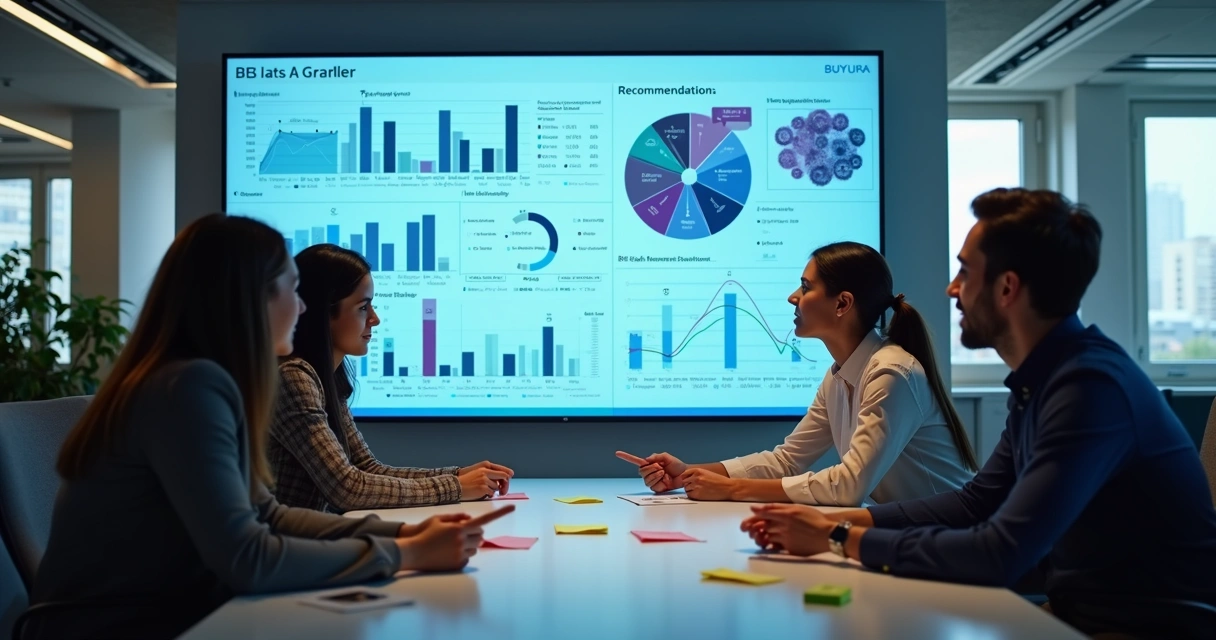 Equipe reunida analisando dados em tela de BI 