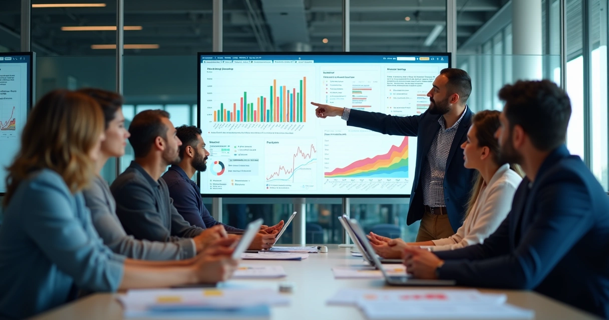 Equipe em ambiente de trabalho analisando dados na tela de computador sobre riscos emergentes 