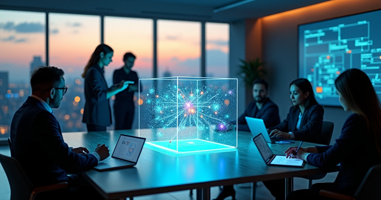 Equipe observando grande cubo transparente exibindo rede de dados conectados 