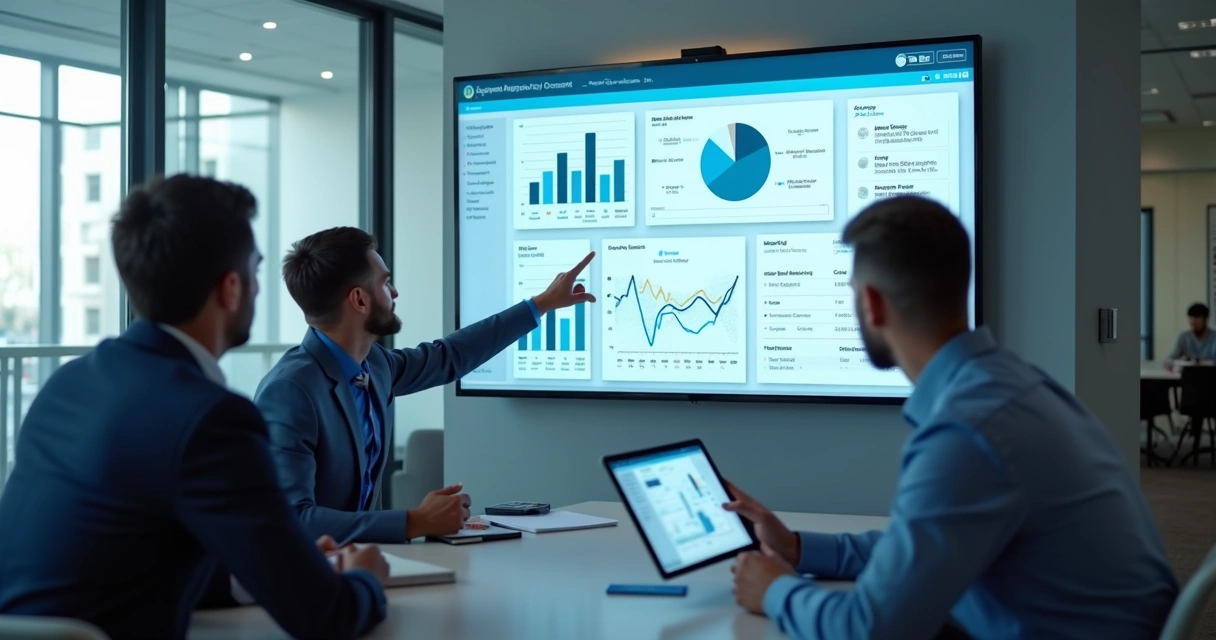 Equipe administrativa acompanhando indicadores e documentos digitais 