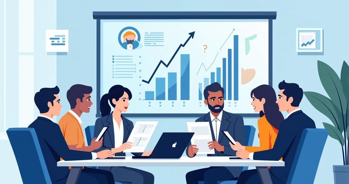 Equipe em sala de reunião analisando documentos digitais ao lado de tela com gráficos 