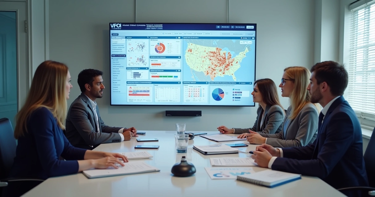 Equipe analisando mapa eleitoral e contatos em painel digital 