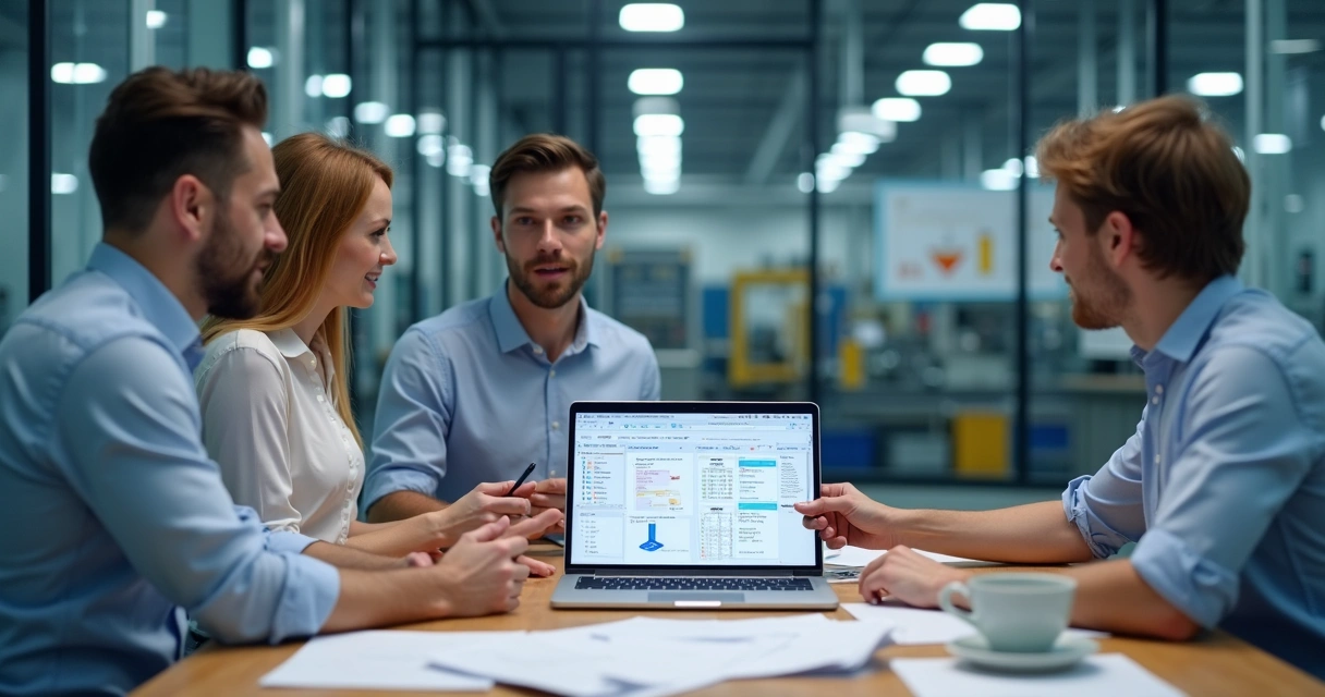 Equipe de indústria pequena avaliando funcionalidades de ERP em reunião 