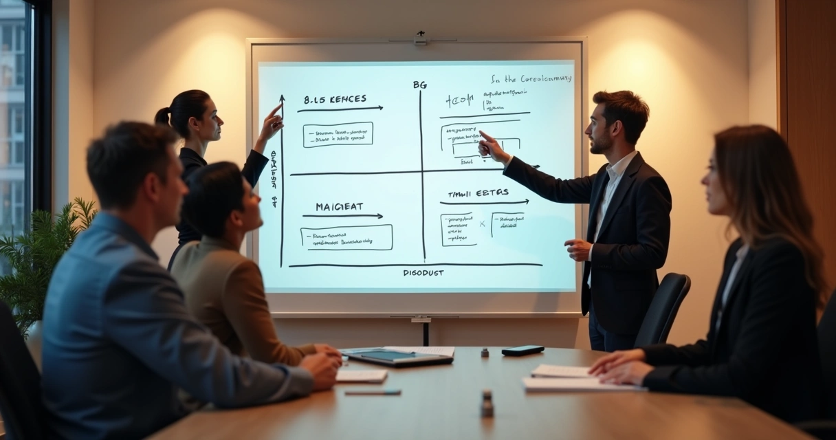 Equipe pequena analisando matriz BCG desenhada em quadro branco em sala de reunião. 