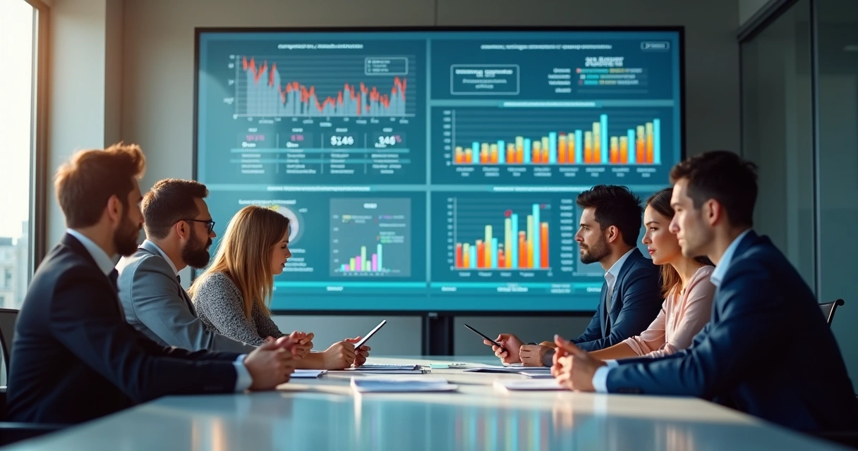 Profissionais analisando gráficos de resultado em uma sala de reuniões moderna