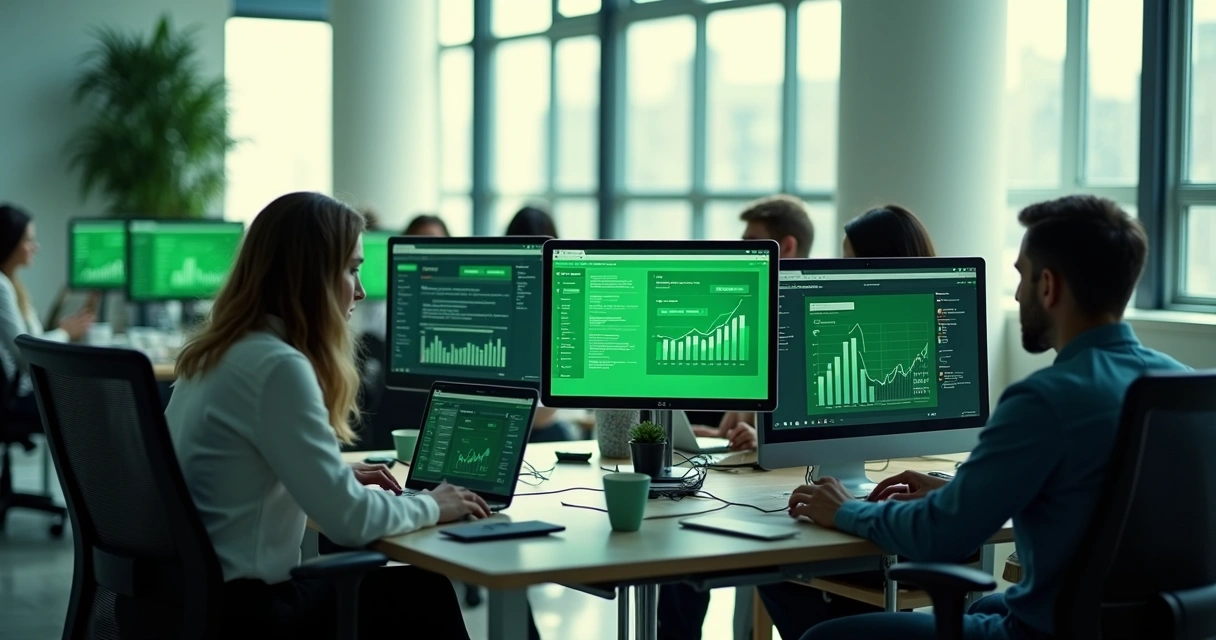 Equipe de especialistas analisando mensagens do WhatsApp em telas grandes 