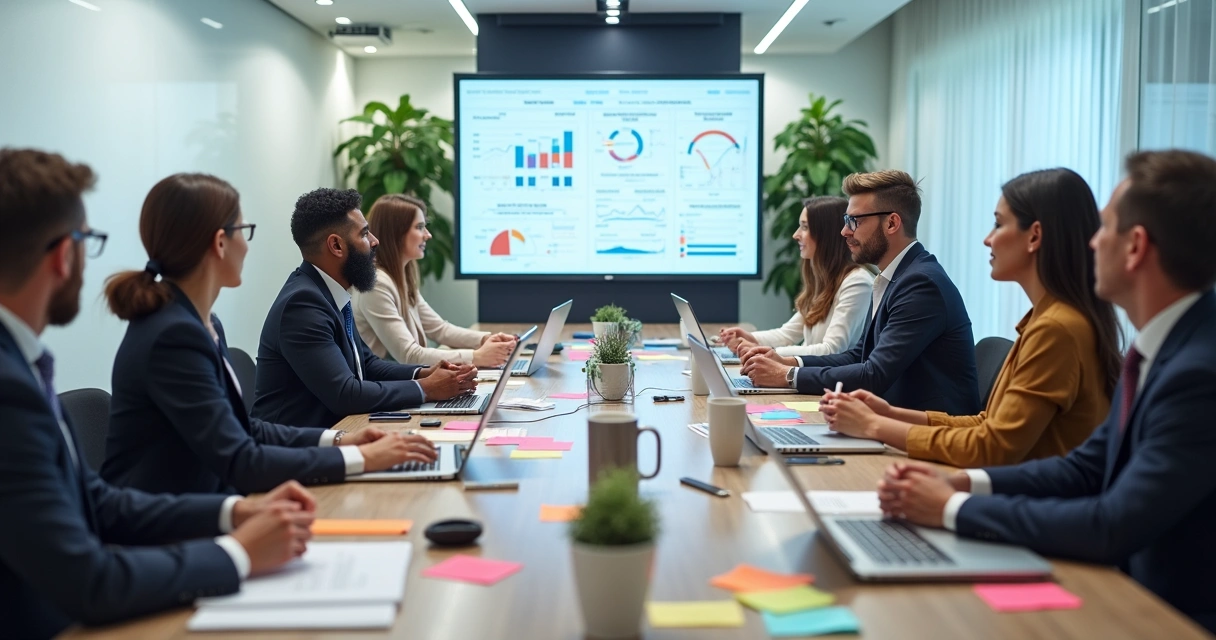 Equipe analisando painéis de feedback em uma sala de reunião 