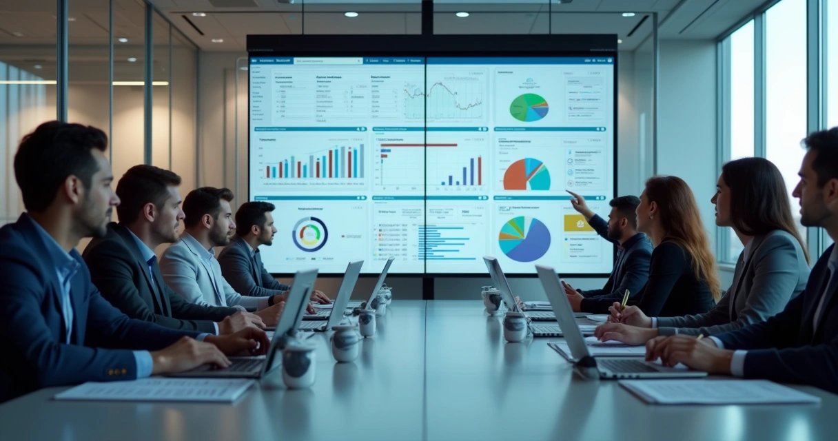 Equipe analisando várias telas de softwares de vendas 