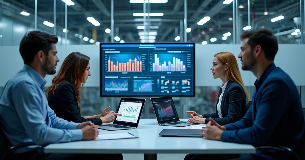 Equipe de manutenção avaliando dashboards de análise preditiva em múltiplas telas 