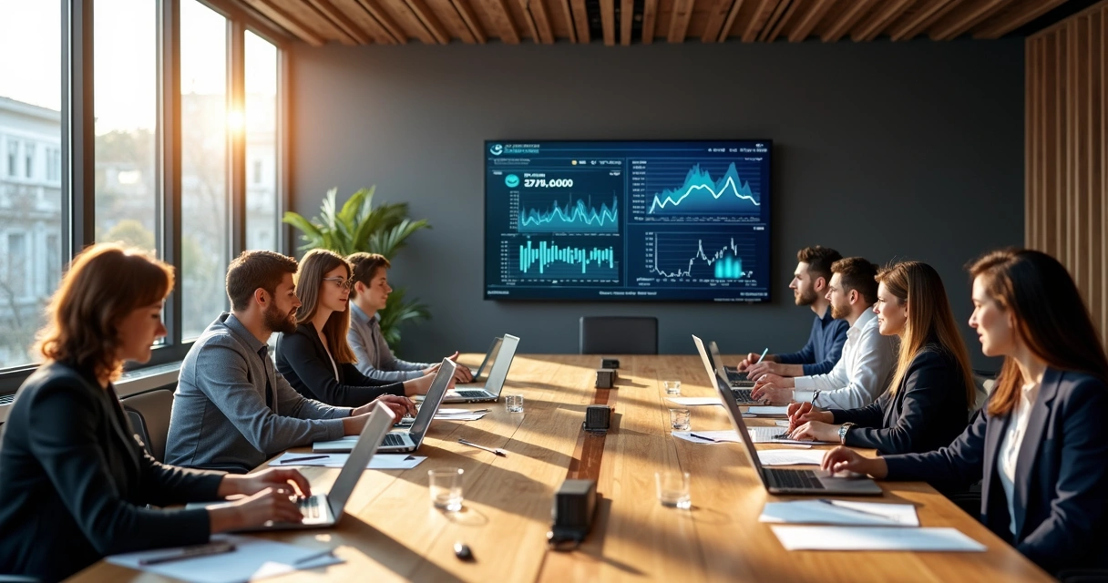 Equipe analisando gráficos financeiros em sala de reunião moderna 