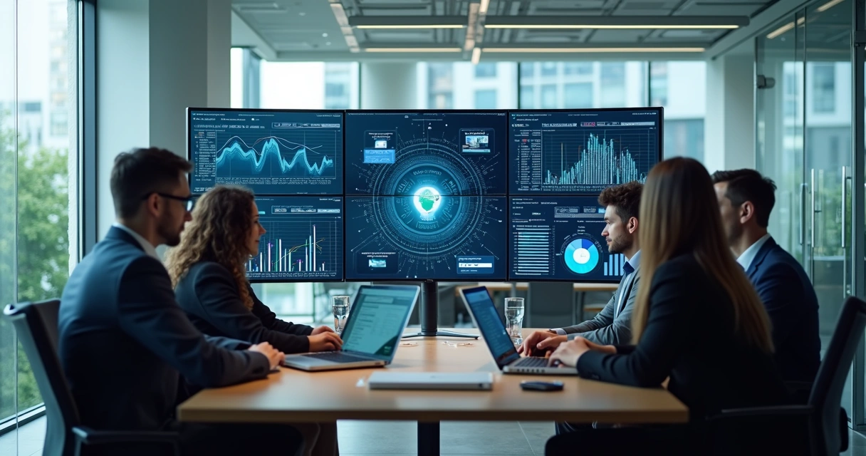 Equipe analisa dados de inteligência artificial em empresa 