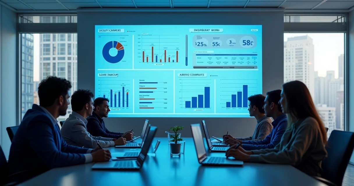 Equipe reunida analisando indicadores de performance digital na tela 