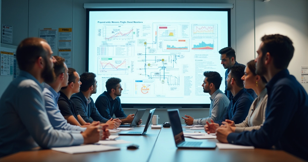 Equipe multidisciplinar analisando falhas industriais diante de um quadro branco, com gráficos e dados projetados 