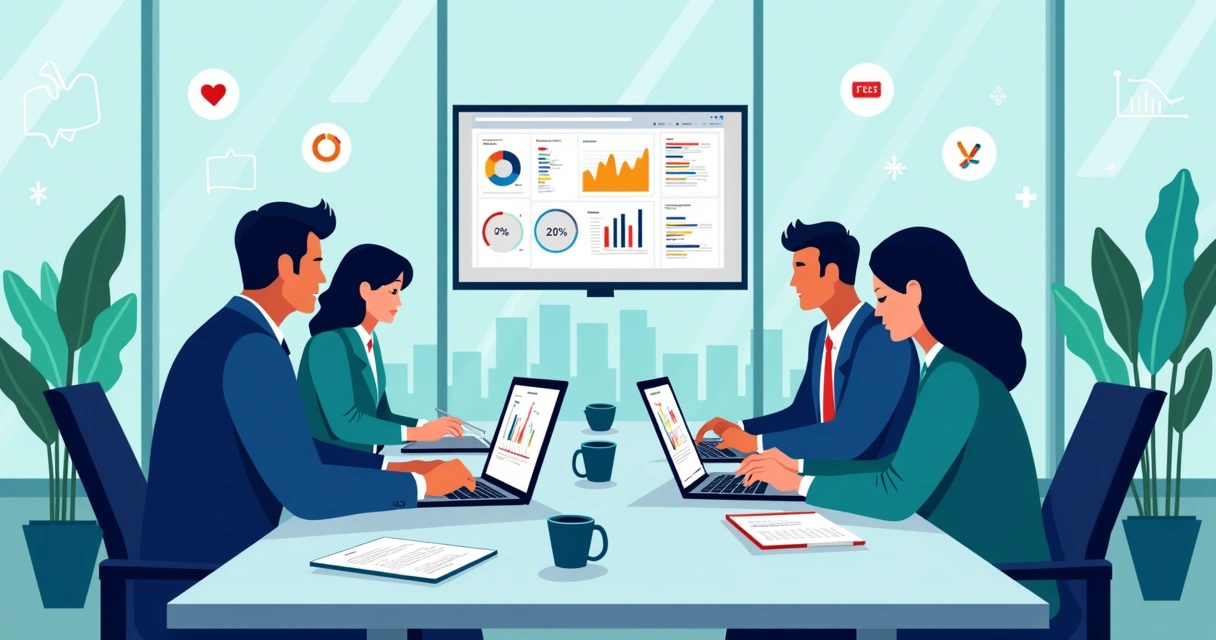 Profissionais analisando dados de influenciadores em laptops modernos