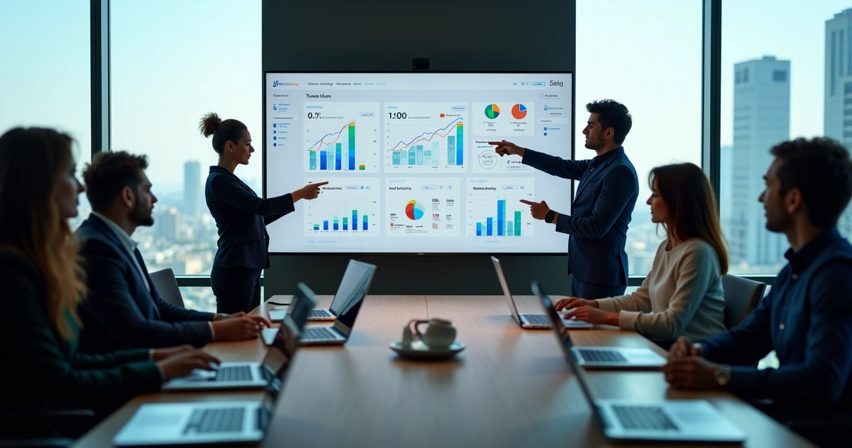 Gestores analisando KPIs de RH e comportamento em dashboard corporativo 