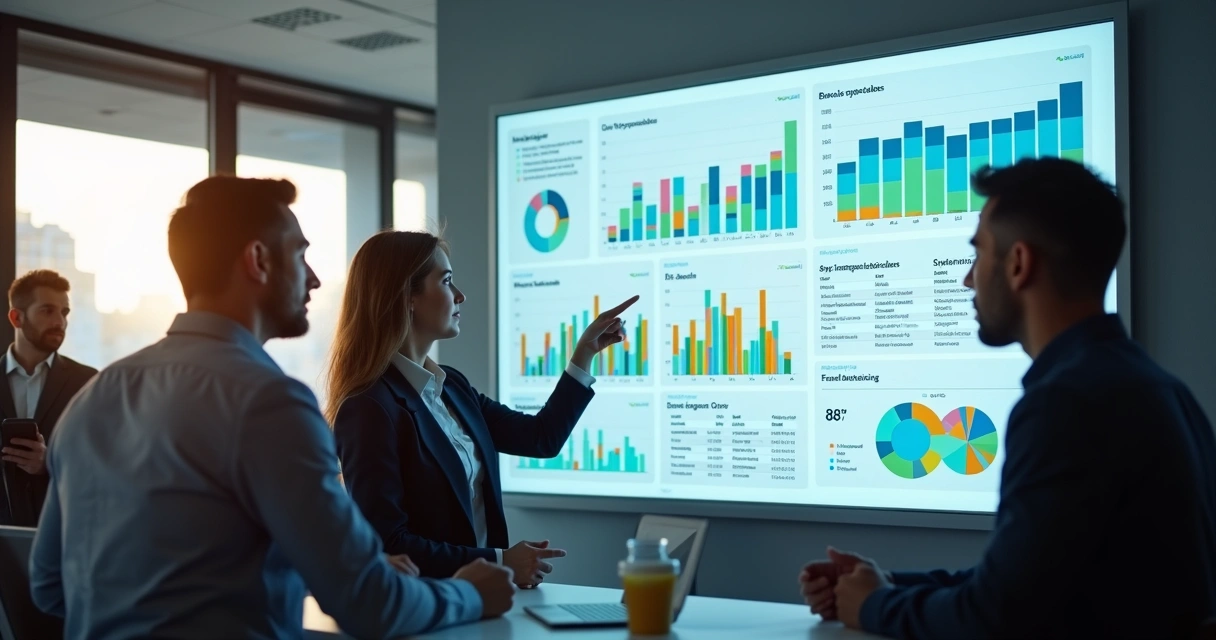 Equipe reunida analisando dashboards de indicadores financeiros 