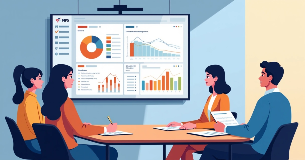 Equipe reunida analisando gráfico de NPS em tela gigante