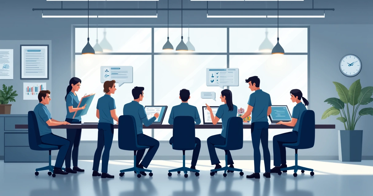 Equipe analisando ordens de serviço em uma mesa