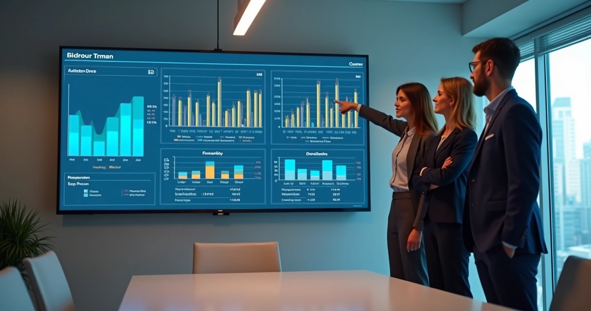 Equipe avaliando painel digital de indicadores personalizados durante reunião 