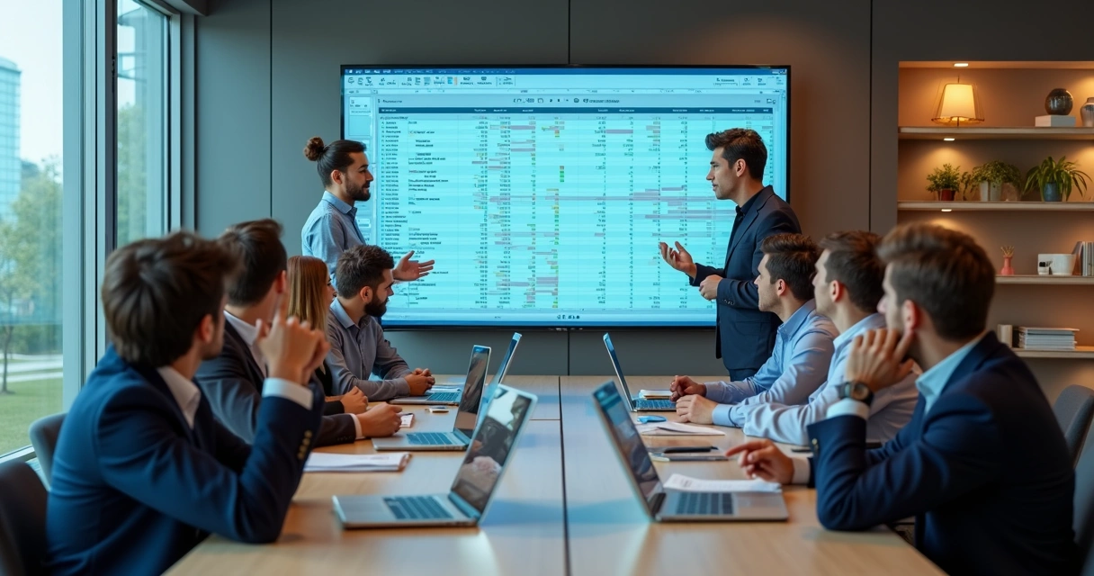 Equipe reunida analisando uma planilha em grande monitor 