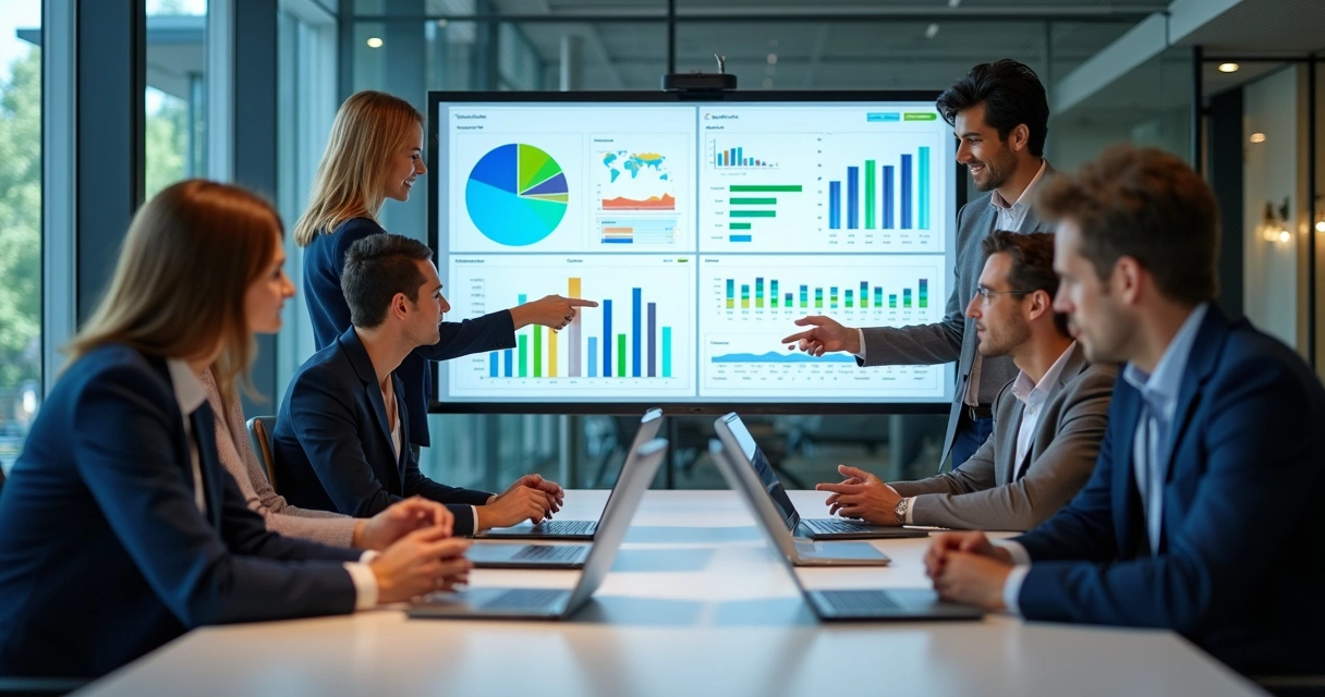 Equipe em torno de uma mesa analisando planilhas digitais 