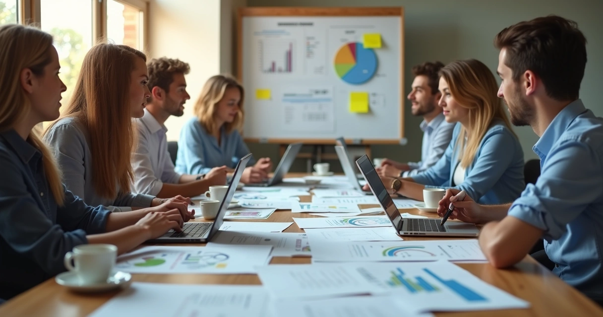 Equipe reunida ao redor de planilhas em sala de reunião