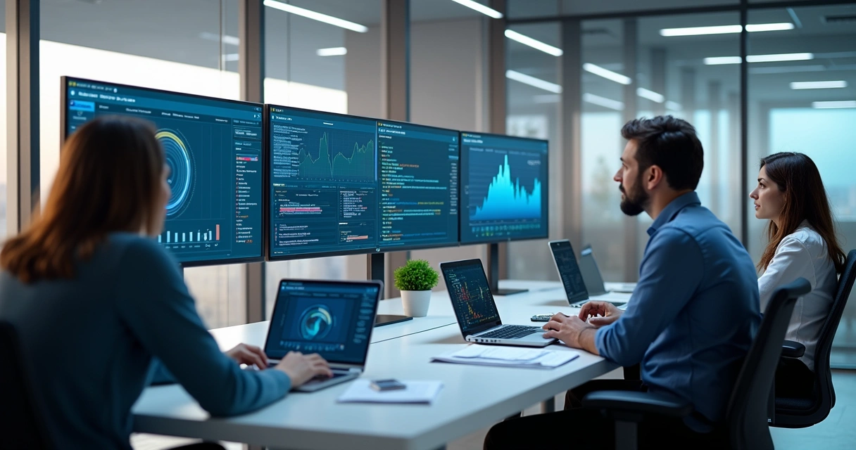 Equipe de tecnologia analisando dados em telas de computadores 