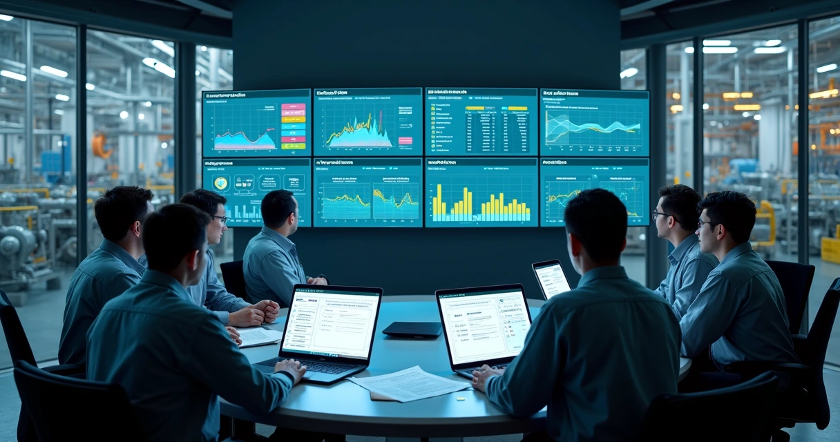 Equipe de manutenção analisando painel com gráficos preditivos em fábrica industrial 