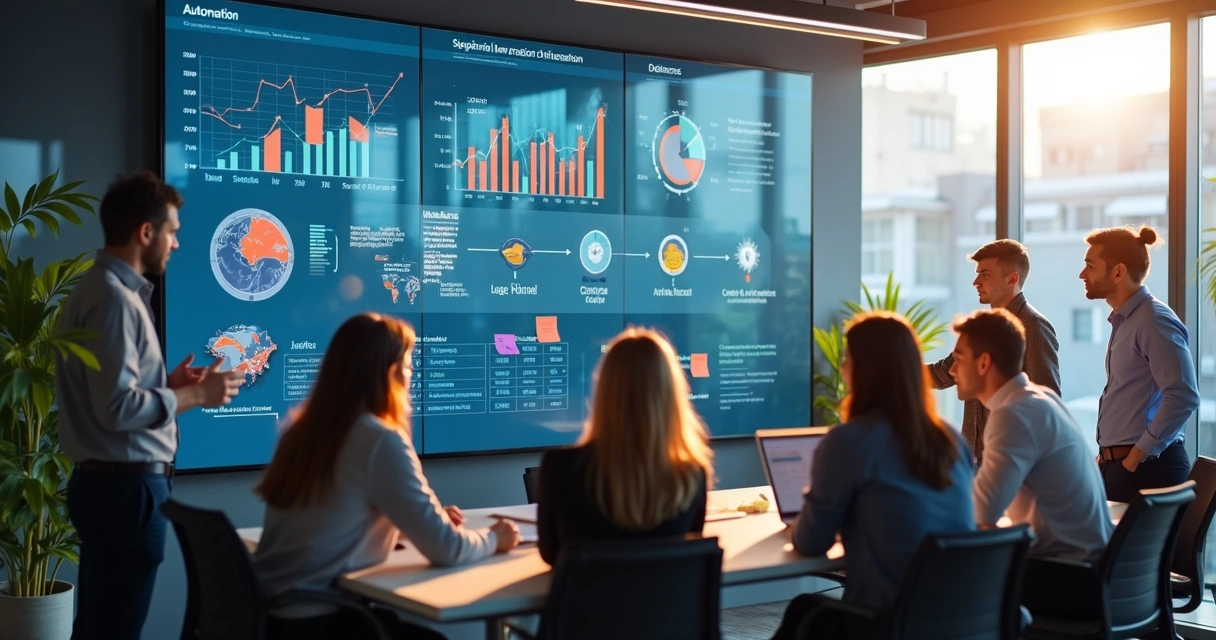 Equipe analisando processos digitais em tela grande 