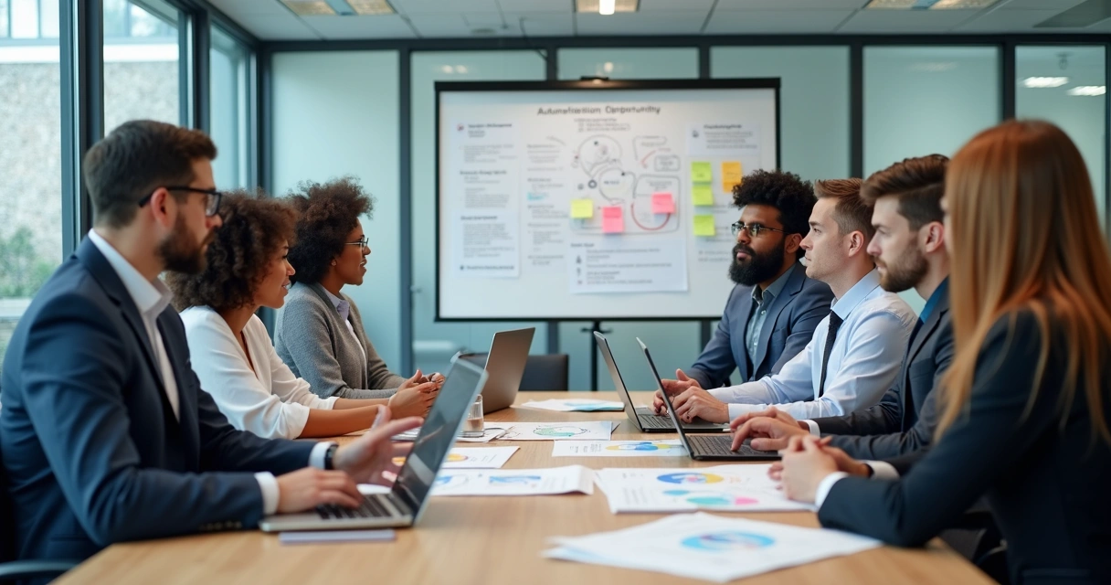 Equipe em reunião analisando processos da empresa ao redor de uma mesa