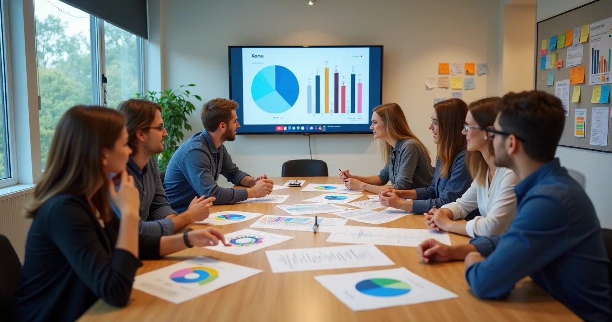 Equipe pequena reunida analisando relatórios coloridos na mesa de reunião 