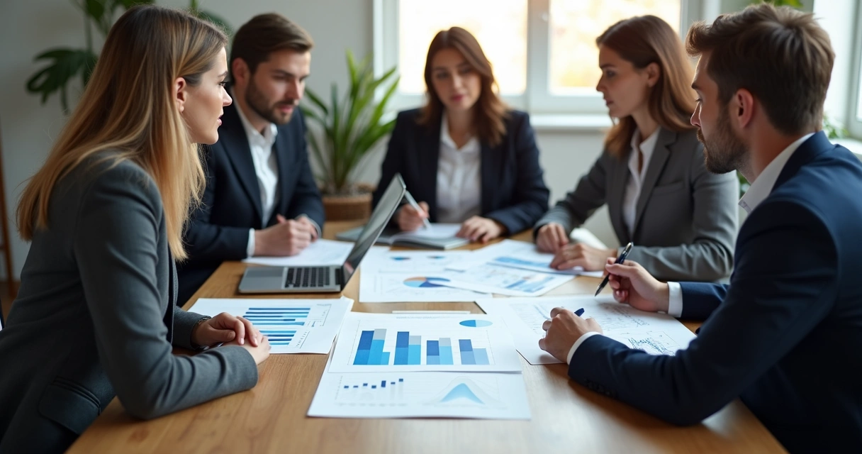Equipe reunida analisando gráficos de vendas impressos 