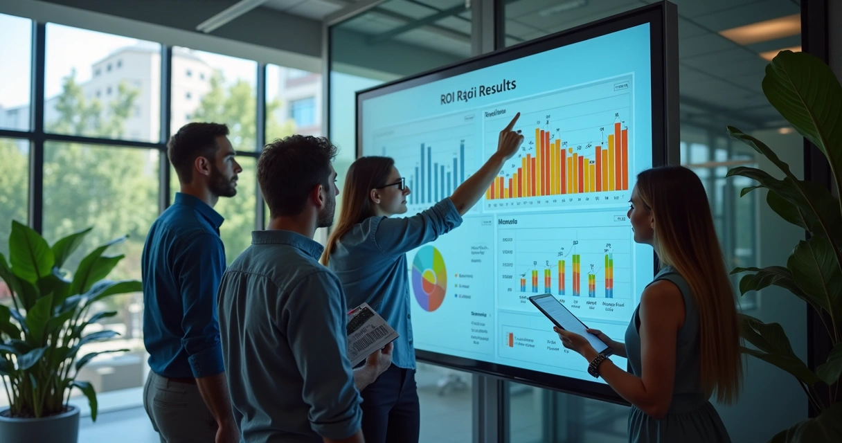 Equipe reunida em torno de tela com gráficos de ROI em escritório moderno. 