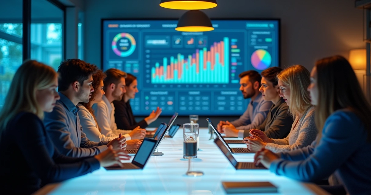 Equipe reunida em mesa analisando dados de e-commerce em tablets e gráficos 