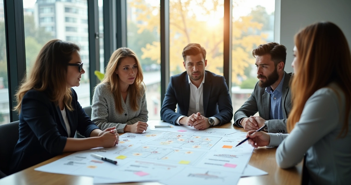 Equipe reunida em sala analisando documentos e processos