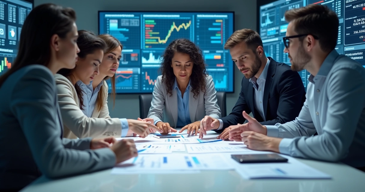Equipe de análise de risco financeiro reunida em reunião 